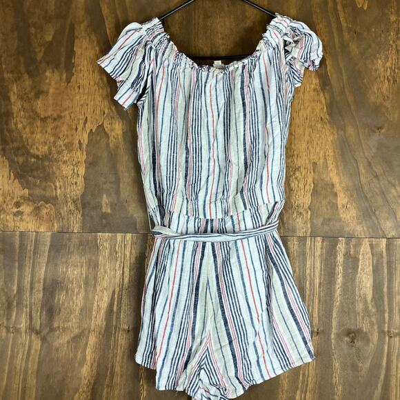 LOFT Beach Womens Romper Tan Multi Striped Linen Blend Smock Neck Flutter M - Picture 10 of 12